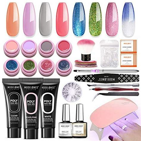 Modelones Poly Nail Gel Kit Glitter Gel Starter Kit With Uv Led Light 7 Colors A Gel And Shellac