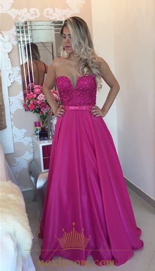 Fuchsia Sheer Lace Applique Bodice Long Prom Dress With Ribbon Bow