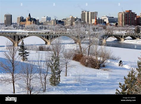 Canada Saskatchewan Saskatoon the city center and the banks of the ...