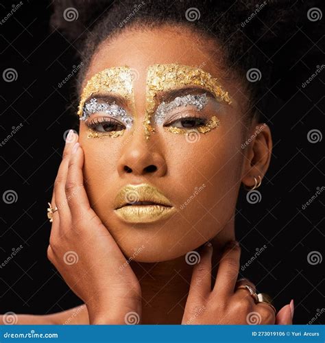 Beauty Gold And Makeup With Portrait Of Black Woman In Studio For Luxury Cosmetics Or African