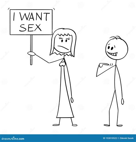 Vector Cartoon Of Frustrated Woman Holding I Want Sex Sign Man Offers Yourself As Lover Stock