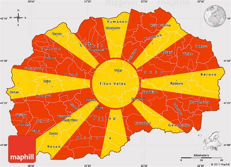 Знаме на северна македонија) depicts a stylized yellow sun on a red field, with eight broadening rays extending from the center to the edge of the field. Flag Simple Map of Macedonia