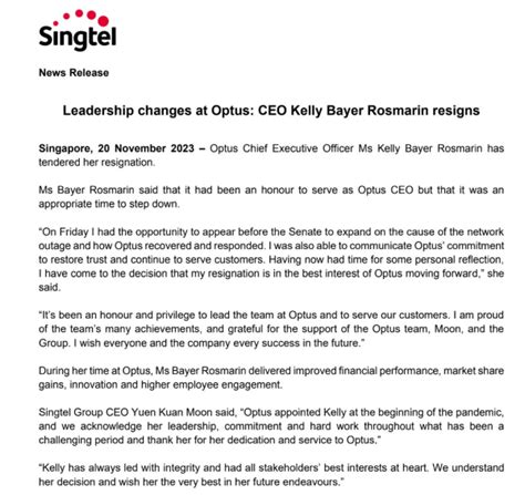 Optus S Owner Singtel Announces The Resignation Of Optus Ceo Kelly