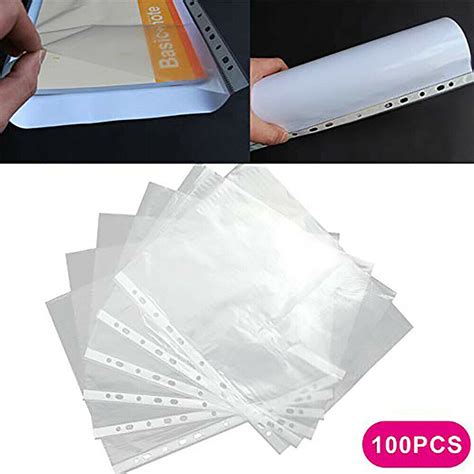 100 Pcs A4 Clear Plastic Punched Pockets Folders Filing Sleeves