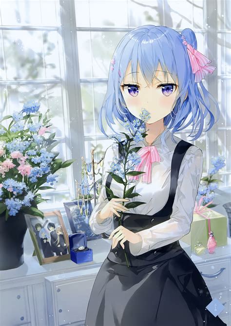 Original Anime Girl Blue Hair Flower Cute Wallpaper 2839x4000 1078211 Wallpaperup