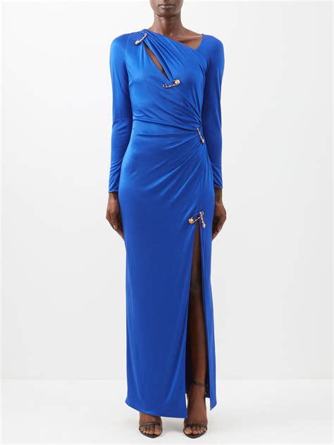Versace Safety Pin Cutout Side Slit Gown In Blue Endource