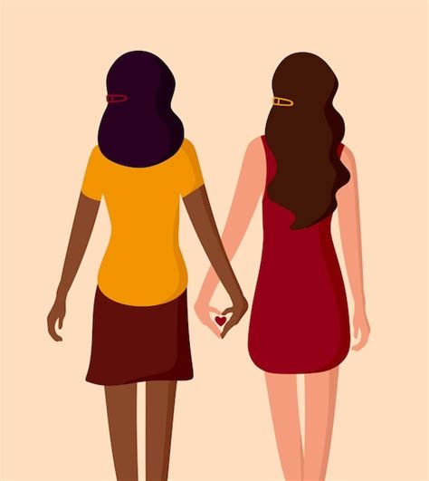 異人種間のレズビアンカップル手をつないでいる若い女性lgbtコミュニティと愛の概念 プレミアムベクター