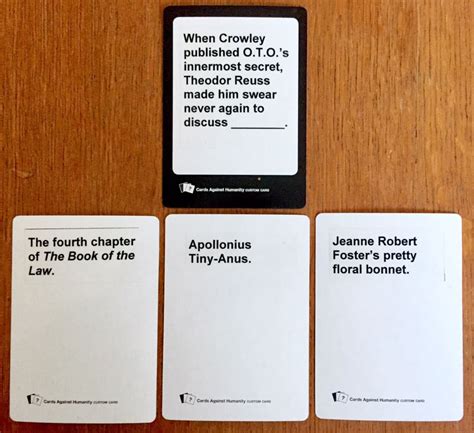 Take note of your play code (listed under details on your page) once you've gotten your deck to where you want it, return to your pyx game and type into the chat box: Create A "Cards Against Thelema" Deck Using "Cards Against ...