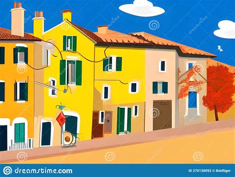 Illustration of a Tranquil Escape: Old Yellow House Amidst a Clear Blue