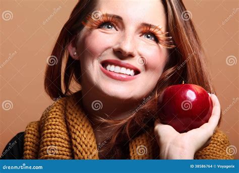 Autumn Woman Apple Girl Glamour Eye Lashes Stock Photo Image Of