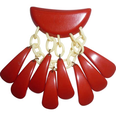 Rare Bakelite And Celluloid Red Geometric Tear Drop Dangle Pin Brooch