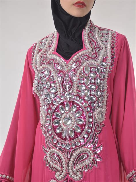 Pink Beaded Sequins Pearled Syrian Abaya Ab698 Alhannah Islamic Clothing