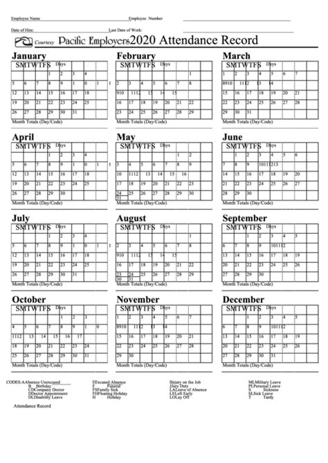 2022 Attendance Calendar