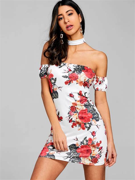 Zaful Women Floral Bodycon Mini Dress Off Shoulder Flower Printed Short Sleeves Dresses Casual