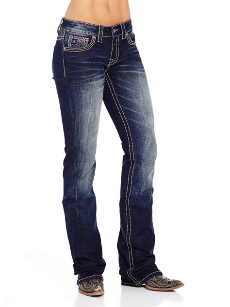 Pungo Ridge Cowgirl Up Ladies Southwestern Mid Rise Relaxed Boot Cut Jean Dark Wash Cowgirl