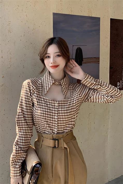 Sexy Hollow Out Neck Long Sleeve Plaid Shirt Tomscloth Celebrity Casual Outfits Professional