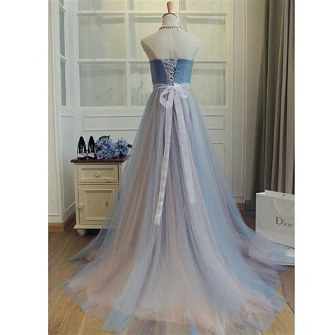 Sweetheart Tulle Blue Long Prom Dressbeaded Waist Bridesmaid Dress On