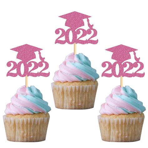 Buy 48 Pack Pink Glitter Graduation Cap Cupcake Toppers Class Of 2022
