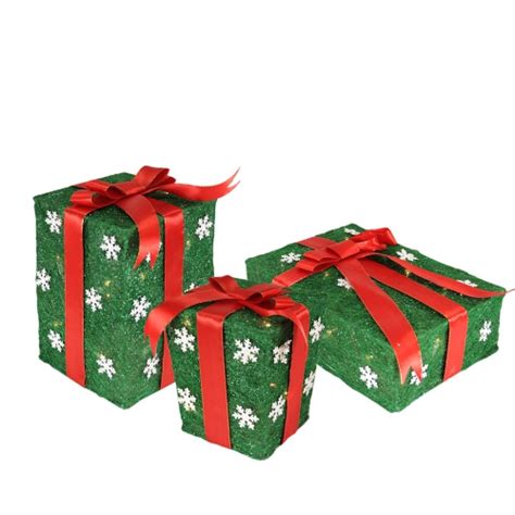 Set Of 3 Pre Lit Green And Red T Boxes Outdoor Christmas Decorations