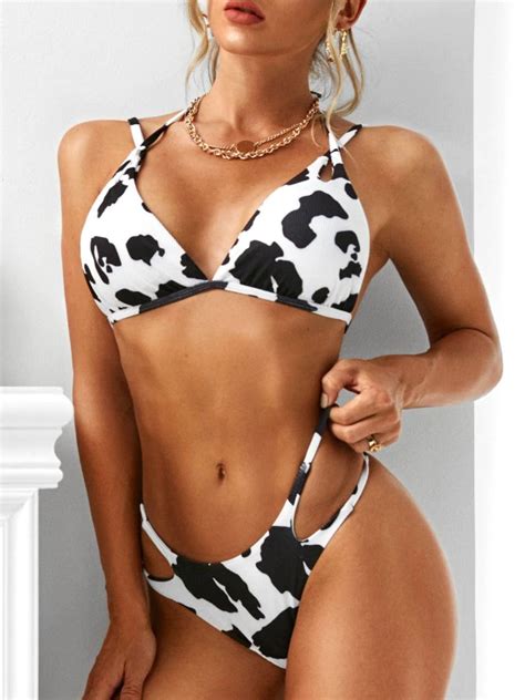 ZAFUL Cow Print Ribbed Tied Bikini Swimwear BLACK In 2021 Swimwear