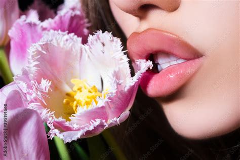 Sexy Sensual Young Woman Lips With Tulips Flowers Bouquet Blowjob And