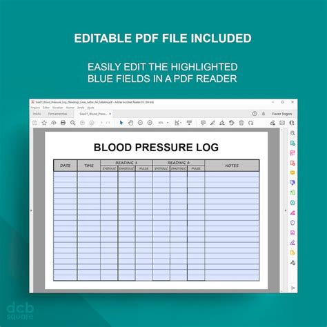 Blood Pressure Log Editable Printable Two Readings Lines Etsy