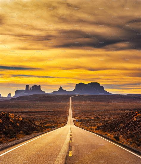 Desert Road Leading To Monument Valley At Sunset Nature Photos
