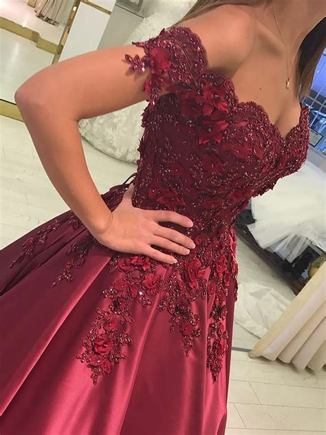Burgundy Ball Gown Applique Satin Prom Dress Sassymyprom