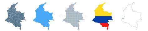 Colombia Map Set Vector Solid Contour Regions Flag Pixels Stock