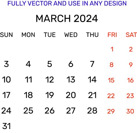 March 2024 Calender Date Elements Design For Various Used Vector March