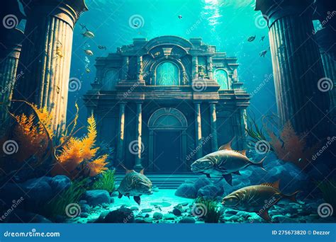 Flooded Atlantis Columns In The Ancient Empty City Of Statues And