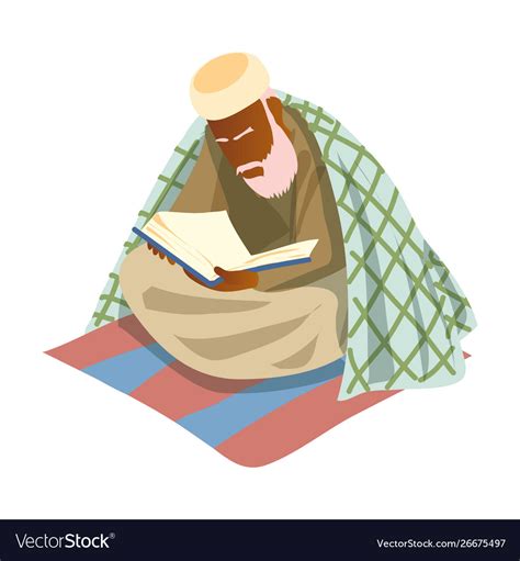 Old Muslim White Bearded Man Reading Saint Koran Vector Image