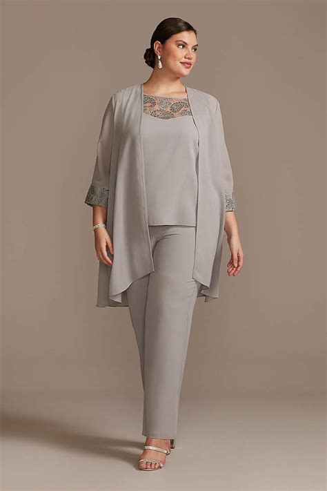 elegant three pieces mother of the bride dresses chiffon pant suits with long jacket plus size