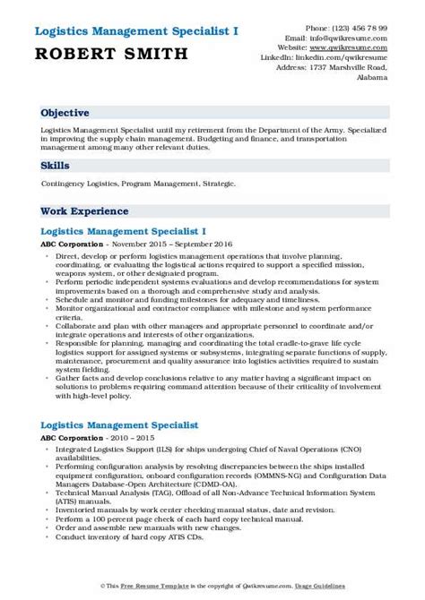 The emergency management response plan (emrp) chief of security/emergency management director (team leader) emergency management deputy director alert! Logistics Management Specialist Resume Samples | QwikResume