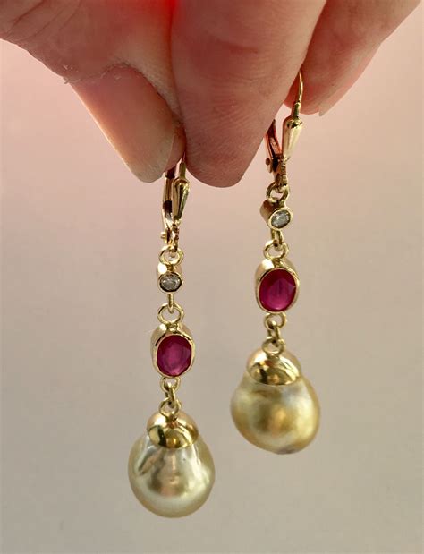 Diamond Ruby South Sea Pearl Earrings In 18k Gold Pearl Earrings