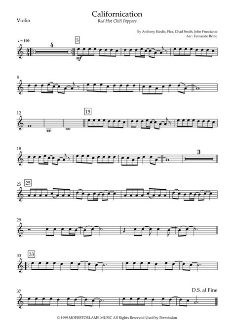Californication Sheet Music Red Hot Chili Peppers Violin Solo