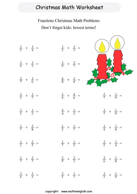 Printable Christmas Dividing Fractions Worksheet For Grade 6 Students