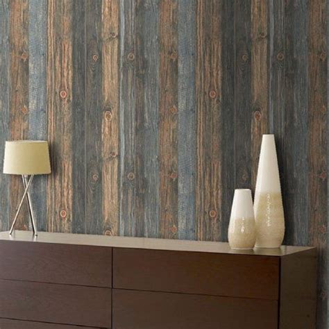 Reclaimed Wood Panel Effect Faux Wallpaper Browns Blue Sample