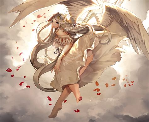 wallpaper illustration long hair anime girls wings dress mythology wing fictional