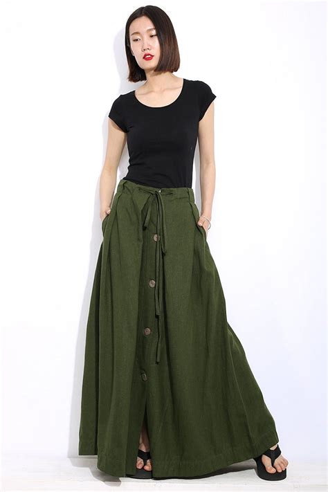 Button Down Linen Maxi Skirt Womens Linen Skirt Army Green Etsy