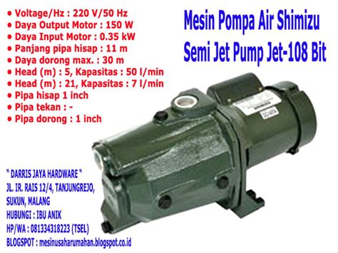 Dari bidang detail, kedua tipe pompa ini pula mempunyai perbandingan dalam perihal energi output motor, energi input motor, jauh pipa hirup. Jual Mesin Pompa Air Shimizu Semi Jet Pump Jet-108 Bit di ...