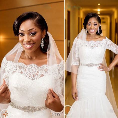 Buy African Wedding Gowns With Half Sleeves Boat Neck Lace Mermaid Wedding