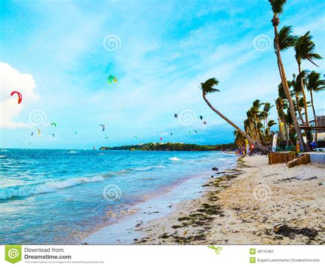 Sandy Beach Blue Sea Waves And Palm Trees Bendable By