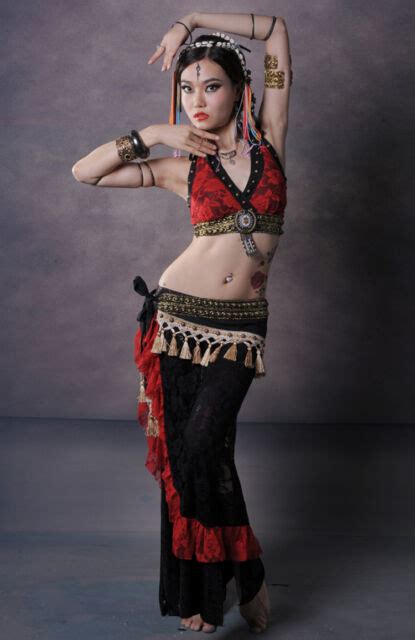 Tribal Belly Dance Costume 2 Pics Lace Bra Blouseandhip Scarf Belt Skirt