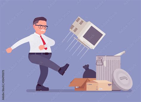Getting Rid Of Old Personal Computer Office Angry Man Kicking Throwing