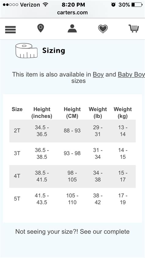 Carters 3 Months Size Chart