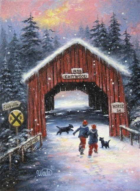 Snow Covered Bridge Art Print Snowscene Two Children Black Dogs