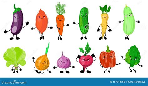 Set Of Different Cute Happy Vegetable Characters Vector Flat