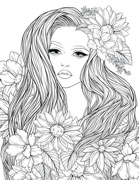 Adult coloring books are also available. Adult Coloring Page Lady Flowers Digital Coloring page ...