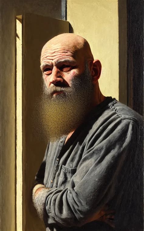 Realist Painted Portrait Of A Rugged Bald Middle Aged Stable